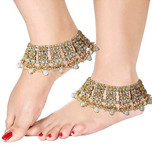 I Jewels Indian Bollywood Gold Plated Wedding Set Of 2 Anklet Payal Faux Kundan Studded Charm Ankle Bracelet Ethnic Fashion Barefoot Jewelry For Women (A022W) #TOP2