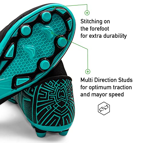 RUNIC Soccer Cleats for Men and Boys – Firm Ground Cleats with Multi-Shaped Studs - Textured Forefoot- Soft Lining -Flexible Upper - Reinforced Stitching - Black/Gold - 64