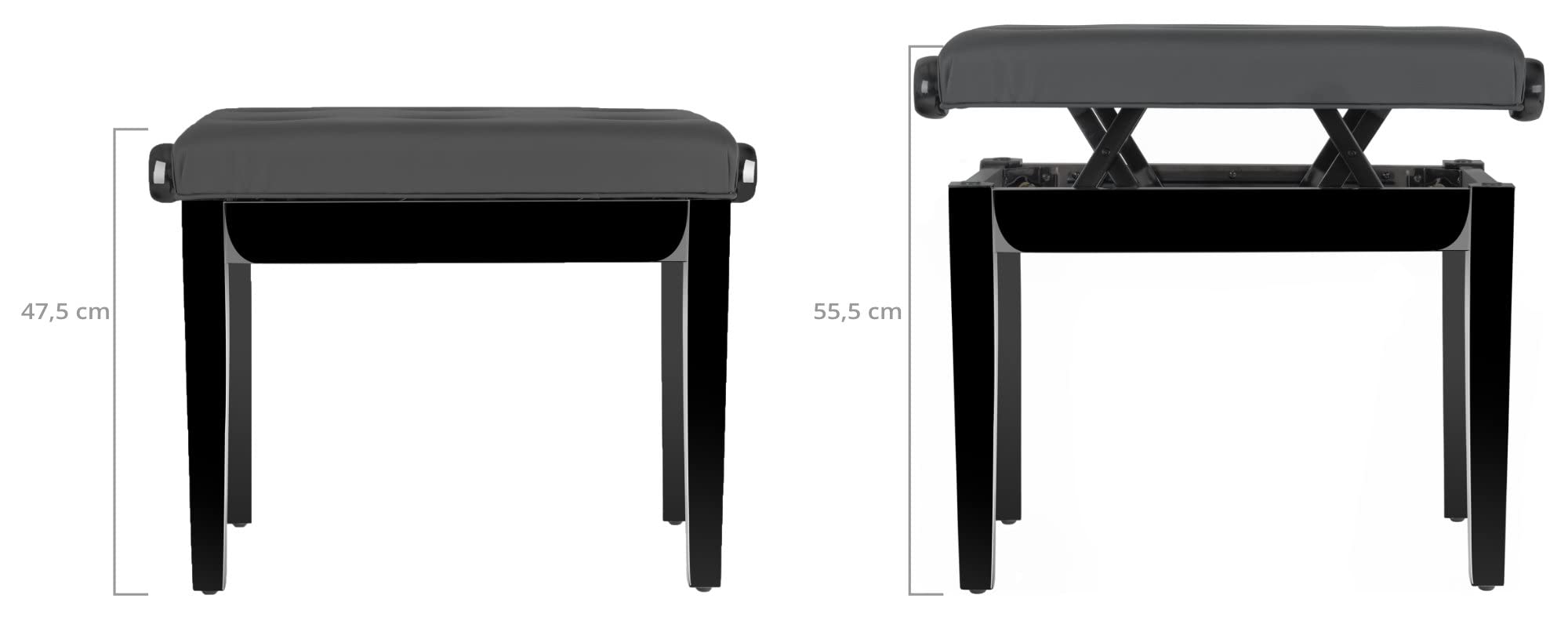 Classic Cantabile Pianobank Modell D - Hochwertige Pianobank - Schwarzes Polster aus Kunstleder mit Kapitonierung - Höhenverstellbar von 47,5-55,5 cm - 4-fache Kreuz-Mechanik - Schwarz Hochglanz