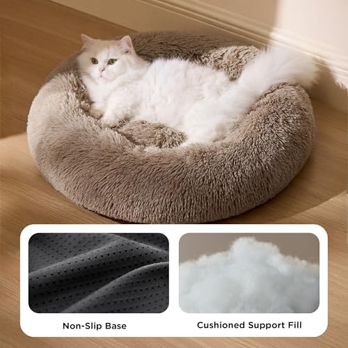 BEDSURE Katzenbett waschbar Flauschiges Hundebett - Ø 50 cm Rund Kissen, Katzenschlafplatz für Katzen Kleine Mittelgroße Hunde, Plüsch Katzenkissen Rund Kuschelbett Katzen Bettchen, Kamel