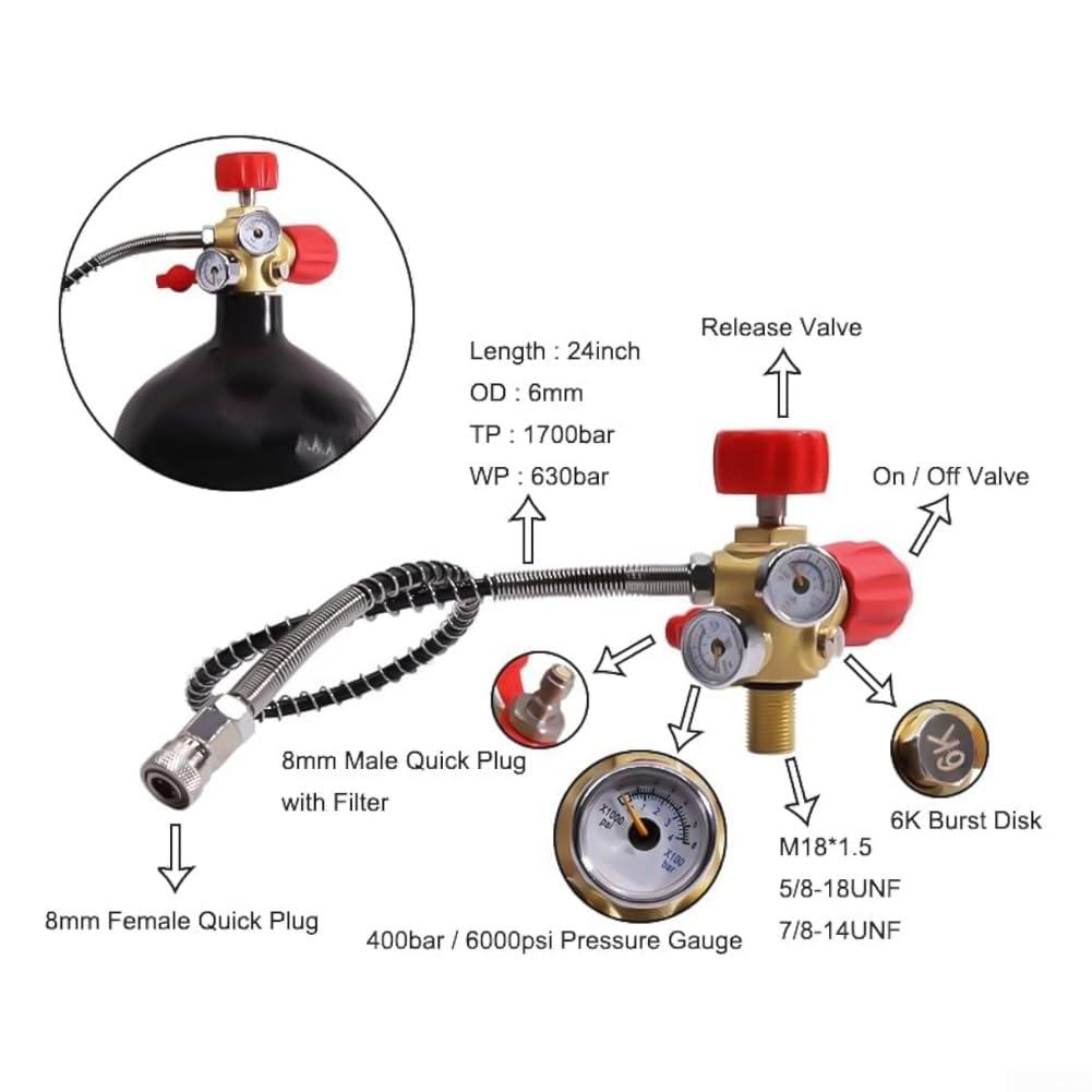 Tubo di riempimento per cilindro ad alta pressione, manometro a doppia scala, 400 bar, 6000 PSI, tubo flessibile da 61 cm, nucleo valvola in ottone, per ricarica e salvataggio di serbatoi SCUBA (rosso