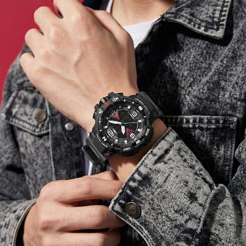 Image of V2A Stryke 50mm Analog Digital Watch for Men | Red X Tactical Dial Design | Alarm Stopwatch Backlight Day Date | Rugged Sports Watch with TPU Strap | 50M Water Resistant | Gift for Mens