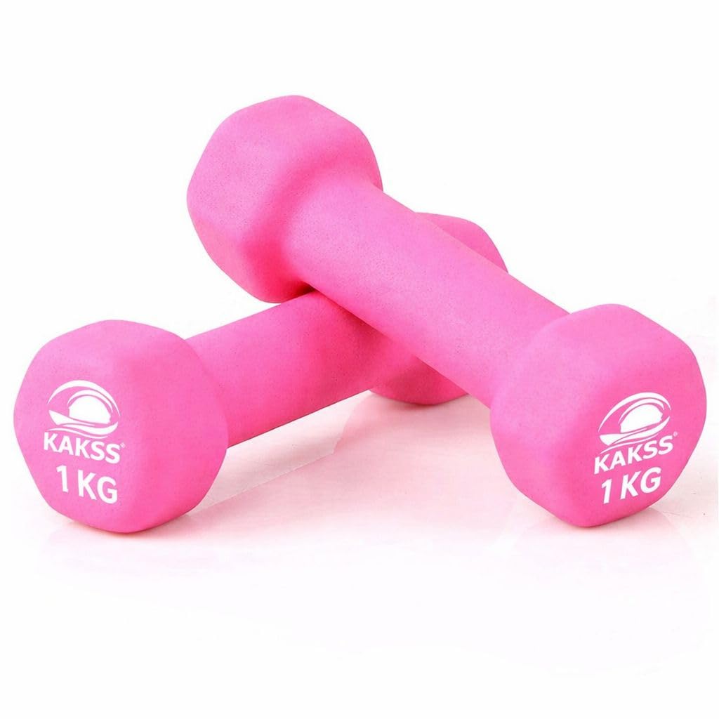 KAKSS Neoprene Dumbbells Set, 1kg Pair (2 x 1kg) Pink Hex Hand Weights with Non-Slip Coated Grip, Cast Iron Free Weights Dumbbells Set for Women Home Gym Equipment and Fitness Training