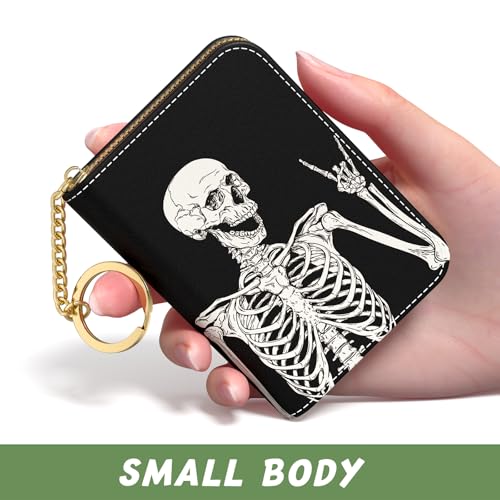 Image of Aiawoxc Credit Card Holder, Small RFID Wallet Slim Leather Card Organizer Case with Zipper and Keychain, Skeleton