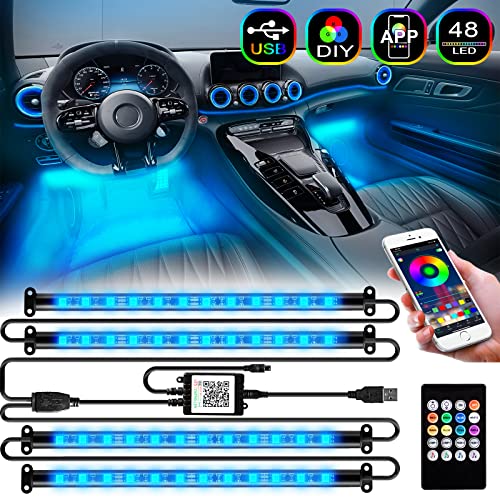 FOVAL Car Lights Interior 4 Pcs 48 RGB LED Strip Lights for Car with 5V USB Port, by Phone APP and Remote Control, Multi DIY Color Under Dash Neon Lighting Kits Car Accessories