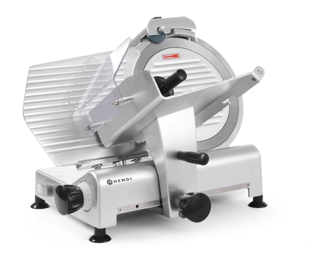 HENDI Cortadora eléctrica de carne, cortafiambres multiusos, Profi Line 300, Ø cuchilla: 300mm, espesor de corte (0-14mm), 220-240V, 420W, 602x573x(H)456mm, plateado, aluminio, acero inoxidable