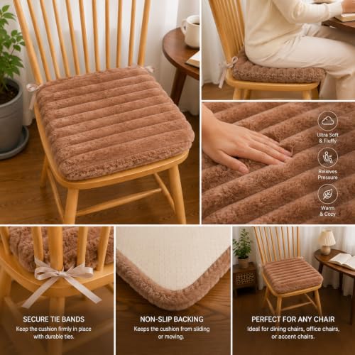 Image of COZY FURNISH Rosy Brown Solid Fluffy Chair Seat Cushions with Ties, 16x16 Inch Faux Fur Dining Chair Pads with Foam Filling, Pack of 2