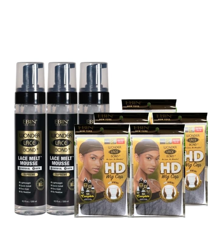 EBIN NEW YORK Lace Melting Spray – 3x Bond Lace Melt Mousse 250ml Bundle with 5x HD Wig Cap 4pcs Nude Nylon Seamless Hold & Comfortable Fit – Gift Set (8 Items)
