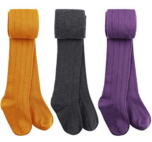 Auranso Girls Knit Tights Leggings Stockings Yellow-Dark Grey-Purple 1-2T