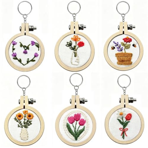 Image of 6 Sets Mini DIY Embroidery Kits for Beginners Adults, Flowers Hand Embroidery Starter Kit Needlepoint Kits, Stamped Cross Stitch Kits for Beginners Adults, 7 Embroidery Hoops (Attached Video Tutorial)