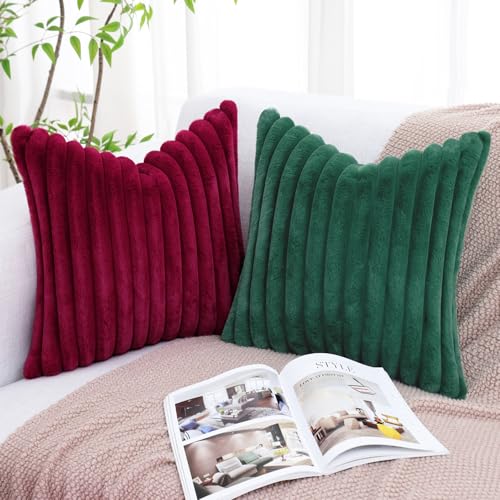 Image of decorUhome Fall Faux Fur Throw Pillow Covers 18x18 Set of 2 Christmas Green | Decorative Soft Cozy Striped Plush Modern Farmhouse Boho Couch Pillow Cases Velvet Back for Sofa Bed Living Room Home Decor