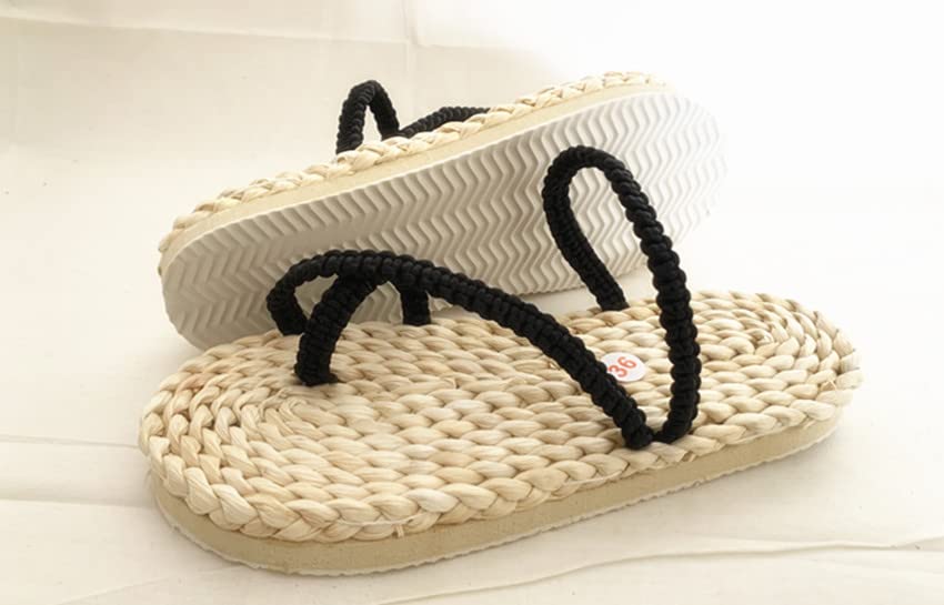 Handmade Straw Sandals Casual Rattan Woven Slipper Massage Shoes Summer Braided Sandals Cosplay Woven Slippers (Rubber Soles,Men 10/ Women 11.5- EU44)2