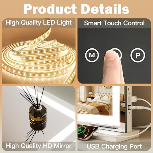 Image of ROLOVE 39 inch x 28 inch Extra Large Vanity Mirror with Lights, Lighted Makeup Mirror with USB Charging Port & 10X Magnifier, 3 Color Dimmable Smart Touch, Wall Mounted or Tabletop Desk Mirror, White