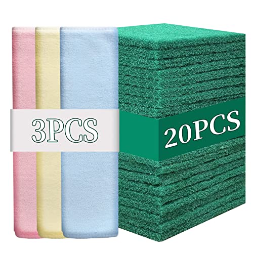 Image of Heavy Duty Scour Pads Sponge Dish Scrubber Non-Scratch Green Reusable Household Scrub Pads for Kitchen and Dish Cleaning Tool (20Pcs Sponge+3Pcs Clean Towel)