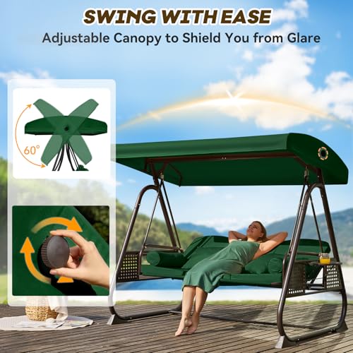 Image of 3 in 1 Outdoor Porch Swing with Adjustable Canopy, 3 Seat Outdoor Swing for Adults, Patio Swing Chair with Thickened Cushions,Pillows & Cup Holders for Backyard, Porch, Garden (Green)