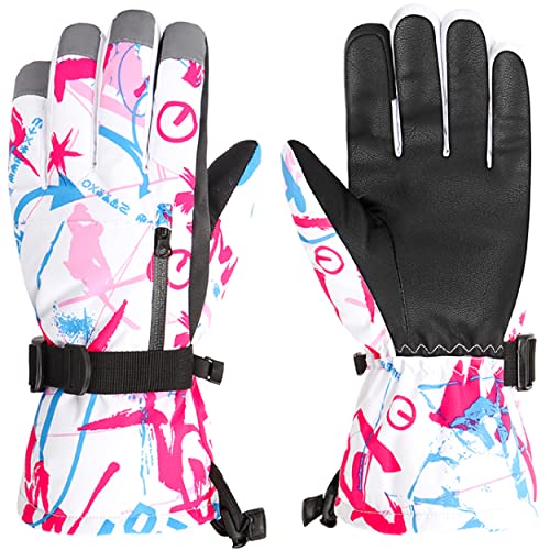 Azarxis Gants de Ski Enfants avec Poche Zippée Gants Hiver Chaud Moufles Neige Snowboard Coupe-Vent pour Garçon Fille Sport en Plein Air (S (9-13 Ans), Rose Rouge) Cover