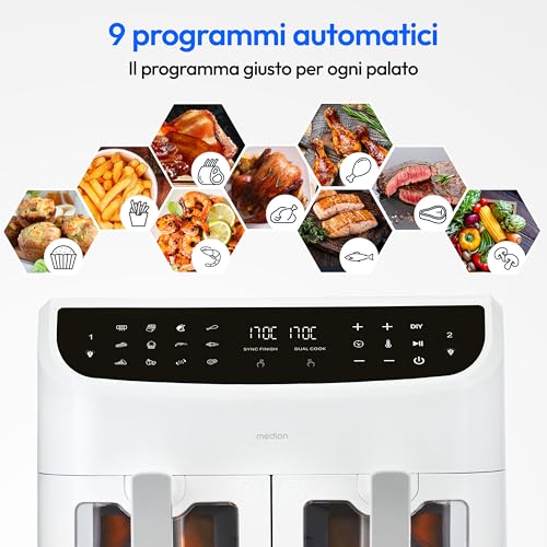 Medion Friggitrice Ad Aria Doppio Cestello P20 Xxl (8,7L, 2600W, 9 Programmi Di Cottura, Dual Air Fryer, Dual Cook & Sync-Finish, Md 11760) Bianco - 10