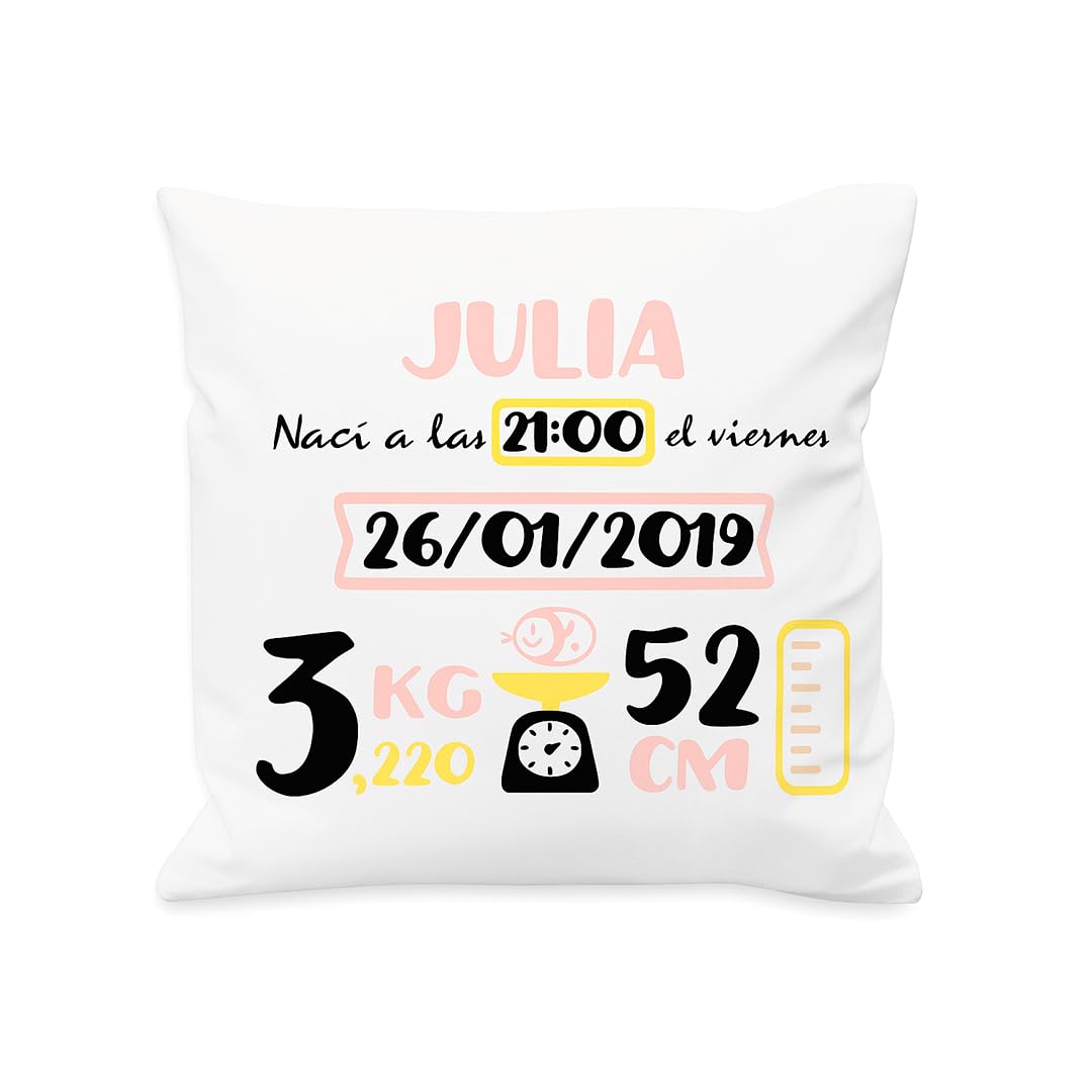 NANNUK | Cojín Personalizado para Recién Nacido | con Nombre, Hora, Fecha, Peso y Medida | Almohada Bebe Bebe Personalizado (Rosa Y Beige)