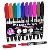 Shuttle Art Wet Erase Markers, 10 Colors 1mm Fine Tip Smudge-Free Markers, Use on Laminated Calendars, Overhead Projectors, Schedules, Whiteboards, Transparencies, Glass, Wipe with Water