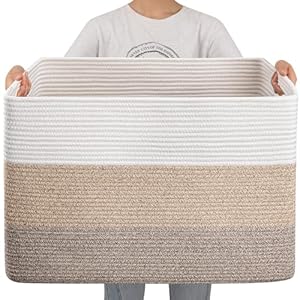 OIAHOMY 108L Super Large Blanket Basket, 25”x16”x16”(108L) Rectangle Woven Baskets for Storage, Cotton Rope Basket For Living Room, Toy Storage with Handle- Gradient Brown