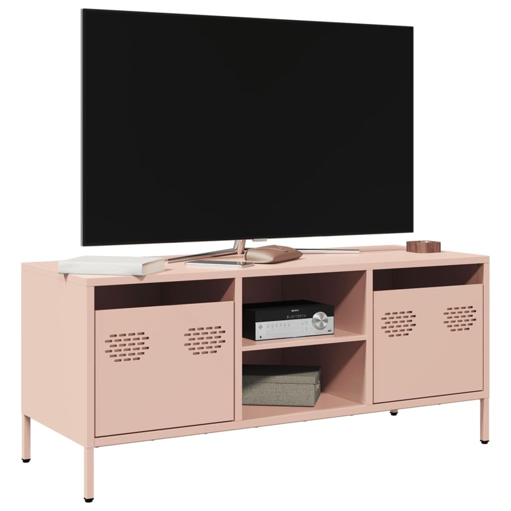 Mobile TV rosa in acciaio laminato a freddo, 101,5 x 39 x 43,5 cm, con 2 cassetti e 2 scomparti, moderno mobile basso per soggiorno e camera da letto, salvaspazio, con piedini per HiFi