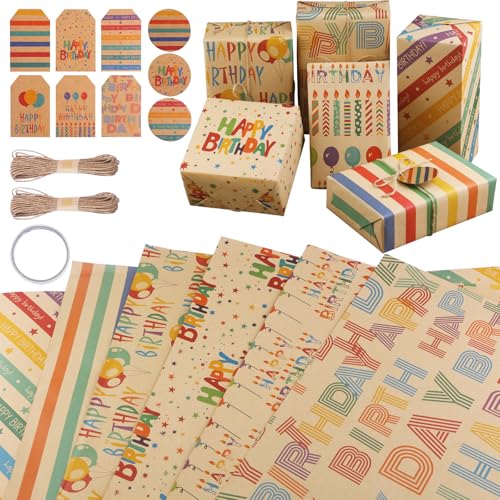 Zindoo Geschenkpapier Geburtstag, 6 Blatt 50x70cm Fröhlichen und Ansprechenden Designs Geschenkpapier mit 9 Beschriftbarer Geschenkanhänger und 20 m...
