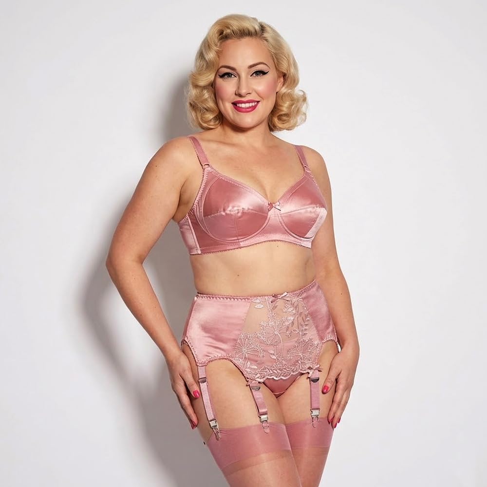 Ceinture porte-jarretelles 8 bretelles rose avec panneau avant en dentelle et clips métalliques