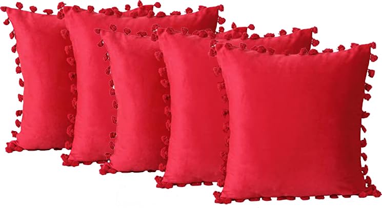 Amazon Brand - Umi Red 16x16 Inch 5 Pc Decorative Velvet Tassel Fringe Design Throw Pillow Cover 40x40 cm Cushion Cover for Sofa, Living Room, Bed Room or Home Décor