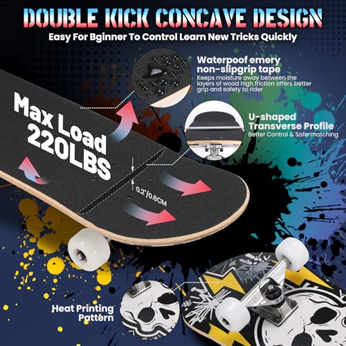 Image of Pro Complete Skateboards for Beginners Girls Boys Kids Youths Teens Adults 31 inchx8 inch Skate Boards 7 Layers Canadian Maple Double Kick Deck Concave Longboard