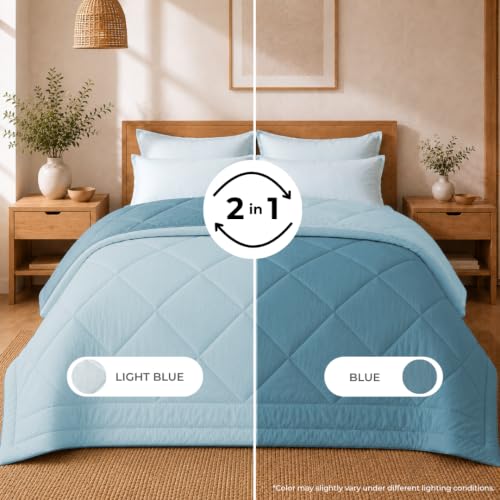 Image of King Size Comforter for Double Bed, 220 GSM Soft Microfiber AC Blanket, All Season Lightweight Reversible Bed Quilt, Premium Bedding, 90 x 100 Inch, Blue-Light Blue