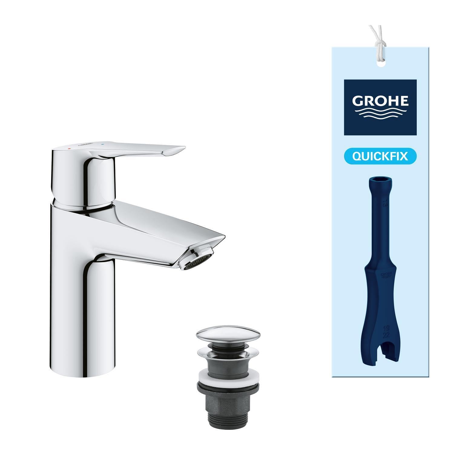 GROHE Start, energiesparende Waschtischarmatur, Kaltwasser in Mittelstellung (Wasserhahn für das Waschbecken im Bad, 17cm hoch, Badarmatur mit Pop-Up Ablauf, mit 3in1 Werkzeug), chrom, 23551002