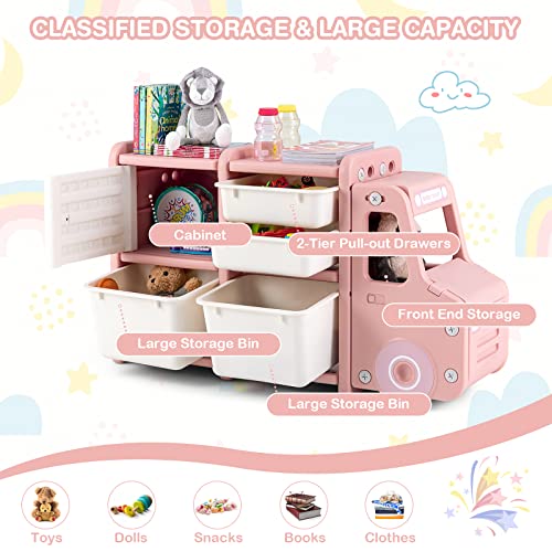 Costzon Kids Toy Storage Organizer With 2 Large Bins, Pull-Out Drawers, Cabinet, Front Store Space, Cute Car Shaped Multipurpose Shelf For Toddlers To Organize Toys, Books, Clothing, Pink #TOP2