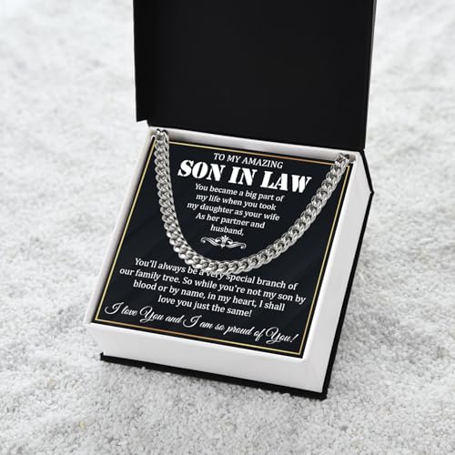 Son In Law Necklace From Mom, Son In Law Gifts From Mother, Cuban Chain Necklace With Message Card For Him On Wedding Birthday Christmas Anniversary3