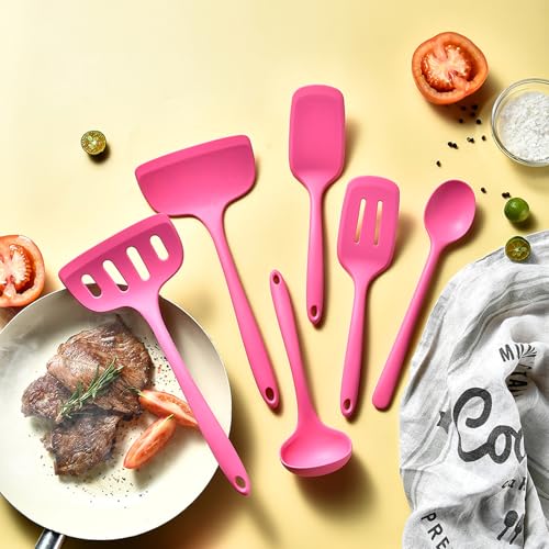 Warewell Silicone Cooking Utensils Set Non Toxic, 6 pcs Heat Resistant Kitchen Utensils Set Dishwasher Safe, Food Grade Kitchen Gadgets Utensil Set, with Spatula, Ladle, Spoon, Nonstick, Pink