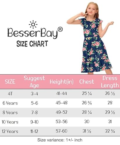 Besserbay Little Girl's Off Shoulder Elastic Neckline Floral Sleeve Dress Navy Blue Knee Length Dress With Pockets 7-8 Years #TOP5