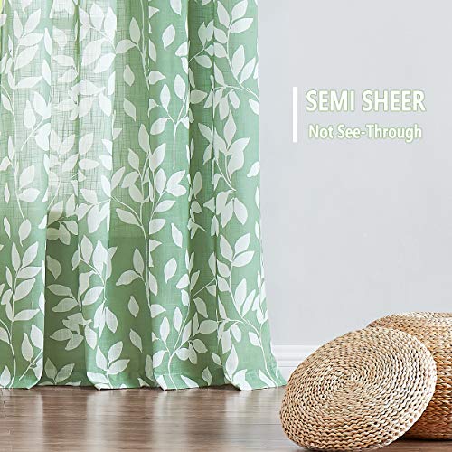 Image of Treatmentex White Print Curtains for Living Room 63 inch Length Green Semi-Sheers Leaves Print Curtains for Windows, Grommet Top, 2 Pack