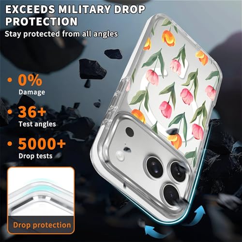 Coque iPhone 17 Pro transparente magnétique antichoc motif fleur tulipe