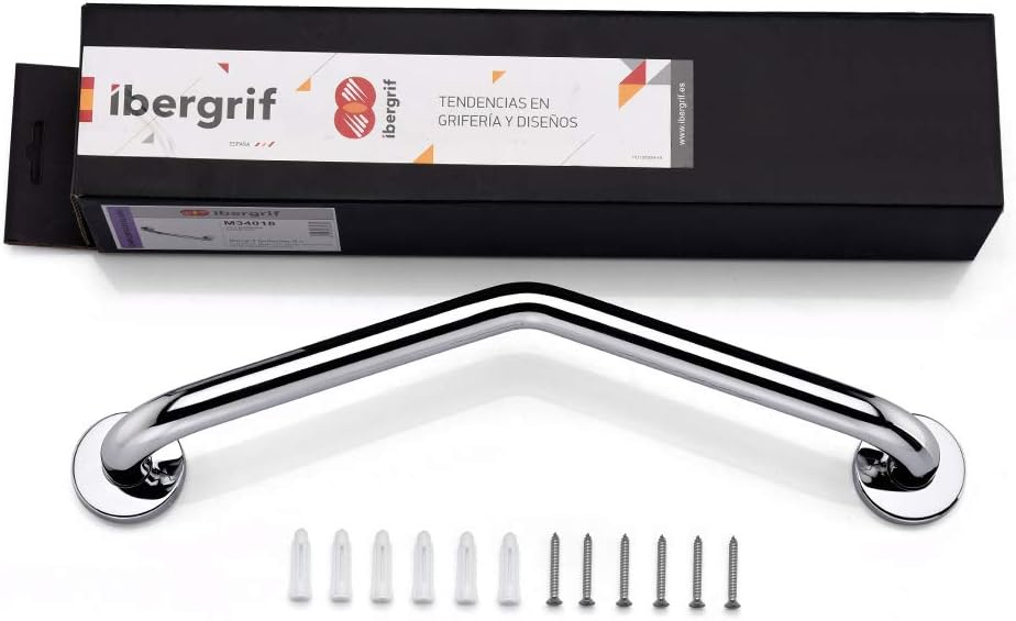 The Ibergrif M34017 grab bar in its packaging, alongside the included mounting screws and wall anchors.