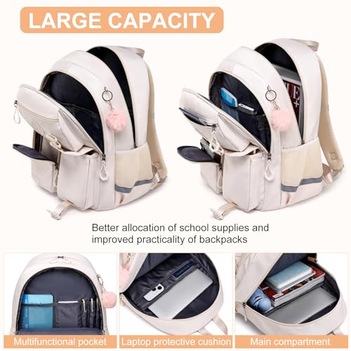 Image of School Backpack for Teen Girls, Cute College Backpacks for Kids Students | Bookbag Fit 15.6 Inch Laptop Bag, Primary Middle School Backpacks, Beige