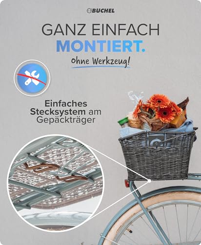 Büchel Fahrradkorb hinten - Fahrradkorb abnehmbar hinten I einfache Befestigung mit innovativem Halteclip I aus hochwertigem Polyrattan I Fahrrad Korb für hinten aus hochwertigem Polyrattan