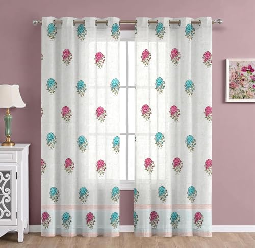 Image of THE LINEN COMPANY Cotton Sheer Printed Curtain for Window Bedroom and Living Roonm Home decor Set of 2 (06.5 Feet,Royal Rose)
