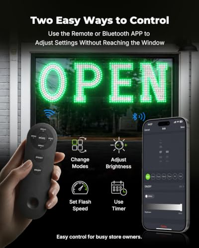 Image of 40 x 12 Inch LED Open Sign for Business - Timer via BT APP & Remote Control, Ultra Bright Large Open Sign with 14 Flash Modes, 6 Dimming Levels & 6 Speed Control for Salon Cafe Restaurant(Green & White)