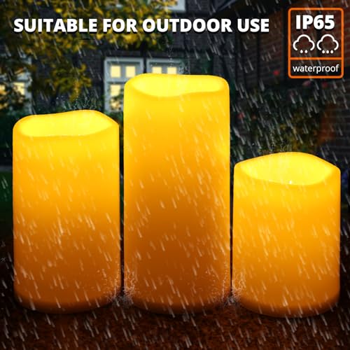Image of NURADA Large Outdoor Flameless Candles 6 inch 8 inch 10 inch x 5 inch - Waterproof LED Pillar Flickering Candle Battery Operated with Timer Remote for Patio Porch Lanterns - Ivory White Set of 3