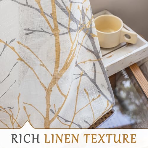 Image of FMFUNCTEX Sheer Sidelight Front Door Curtains 40 Inches Long White Yellow Branch Tree Half Print Curtain for Patio Doors with Matching Tiebacks 24 Inches Wide 2 Panels Set