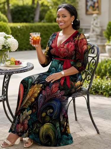 Image of PinkPatty Plus Size Maxi Dress for Women Casual V Neck 3 /4 Sleeve Boho Printed Long Dress with Pockets