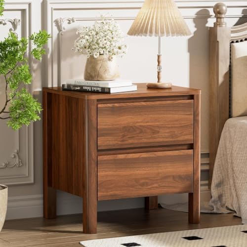 Image of Furniway Nightstands Set of 2, 2 Drawer Nightstand with Wood Legs, Mid-Century Modern Bedside Table with Storage, Wooden End Table for Bedroom, Walnut