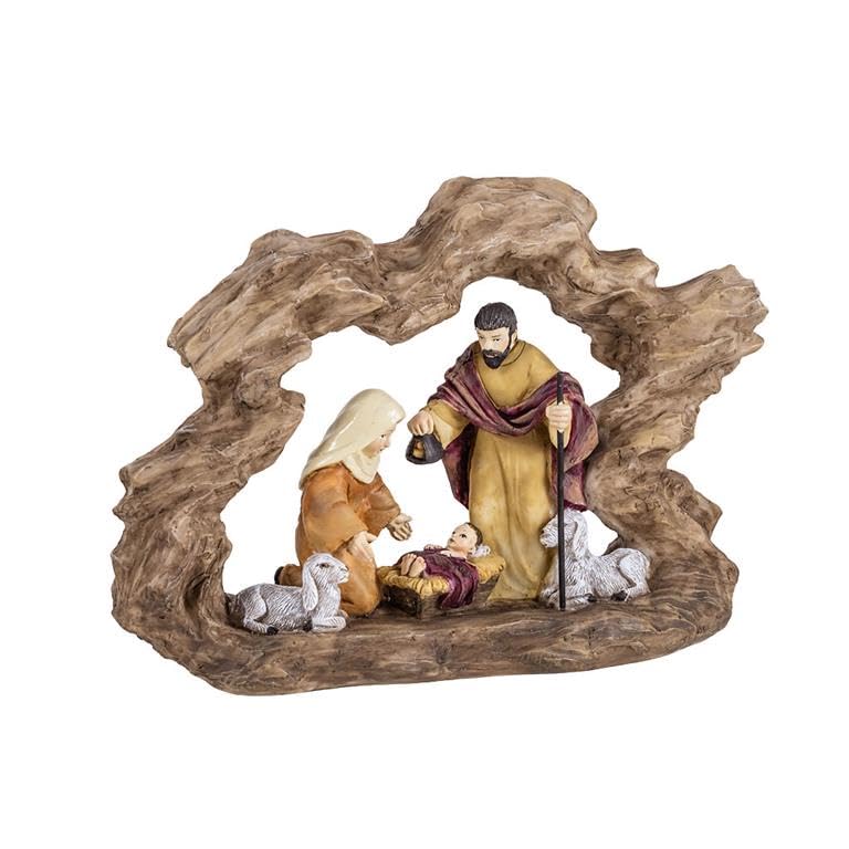 DRW Classic Mysterium 1 Piece with Child in Cot Made of Resin Hand Painted with Wooden Portal, 20 x 14 cm