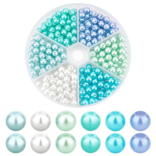 PH PandaHall 300pcs 6 Colors Blue Green Series Glass Beads, 6mm Glass Pearls Bracelet Making Kit Painted Round Spacer Beads for Jewelry Making Necklaces Bracelets DIY Crafts Supplies