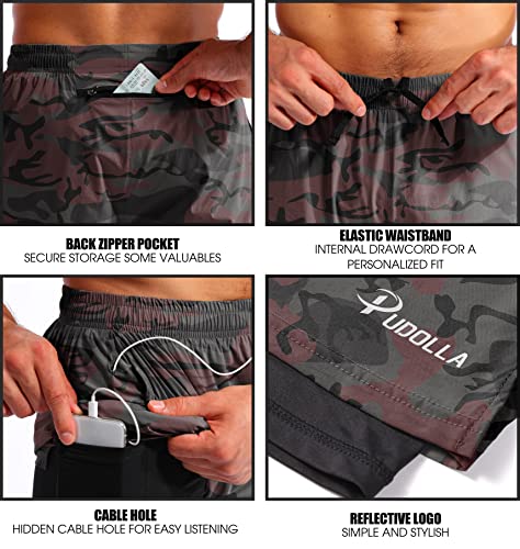 Image of Pudolla Men's 2 in 1 Running Shorts 5 inch Quick Dry Gym Athletic Workout Shorts for Men with Phone Pockets
