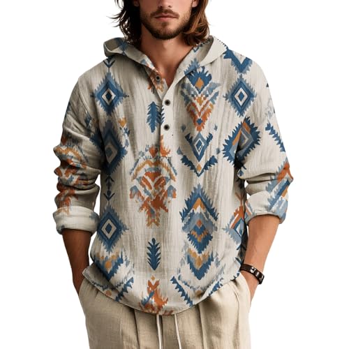 Men's Causal Pullover Hoodie Western Ethnic Aztec Print Henley Shirts Long Sleeve Loose Fit Fall Hooded Sweatshirt